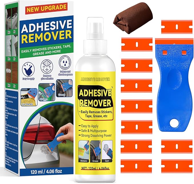 Tiepetly Adhesive Remover Spray 4.06oz, Sticker Remover with Plastic Scraper & 10 Blades, for Tape, Labels, Silicone, Gum & Wax Residue, Safe on Glass, Metal, Plastic (120, Grams)
