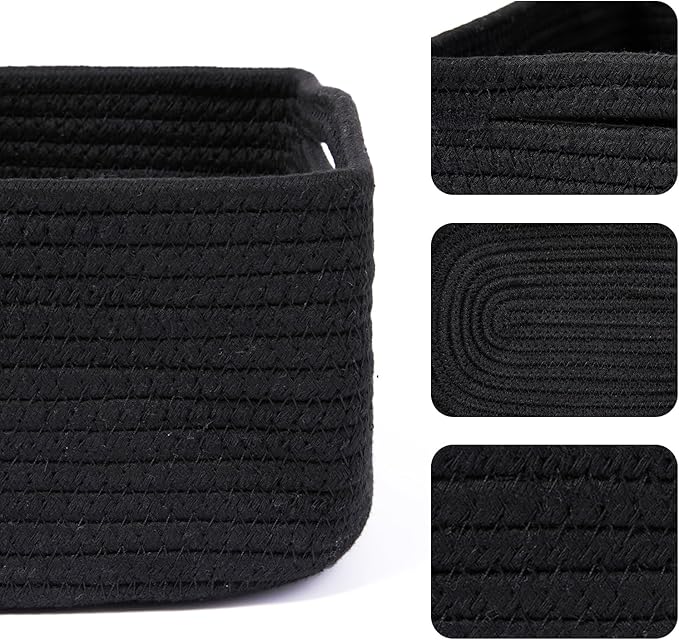 MiniArk Small Storage Baskets for Organizing | Closet Organizer Bins | Shelf Toy Basket | Woven Rope Baskets | Cube Decorative Box | Shallow Basket | 13x8.5x5.1” | 3 Packs Black