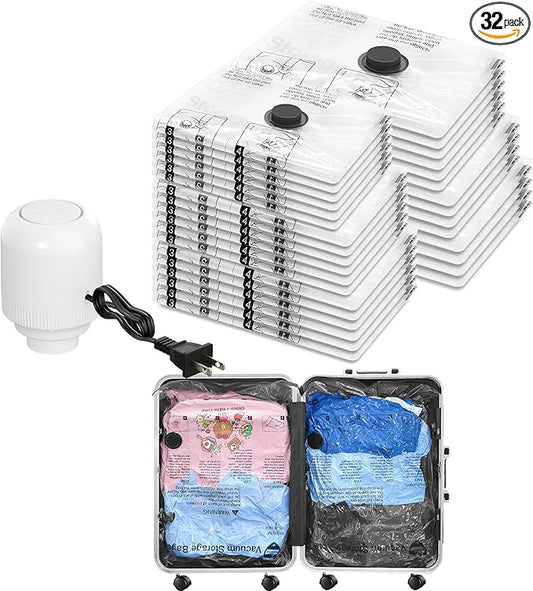 Vacuum Seal Bags for Clothing Travel and Home Storage, Travel Vacuum Bags with Electric Pump, Space Saver Compression Packing Cubes for Luggage Suitcase Bedding Blankets Clothes, 32 Combo
