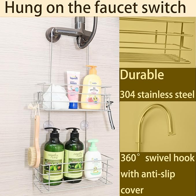 Hanging Shower Rack Shower Caddy with Rotatable Hook Bar, Over-the-Door and Can Be Hung on the Faucet or Claw Foot, 304 Stainless Steel Rust-Proof and Durable (Double-Layer)