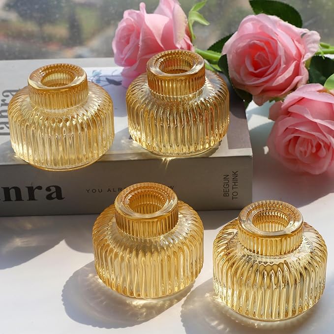Woho Gold Candle Stick Candle Holder Set of 8, Votive Candle Holders for Wedding Party Table, Ribbed Glass Taper Candle Holders for Birthday Christmas Decor