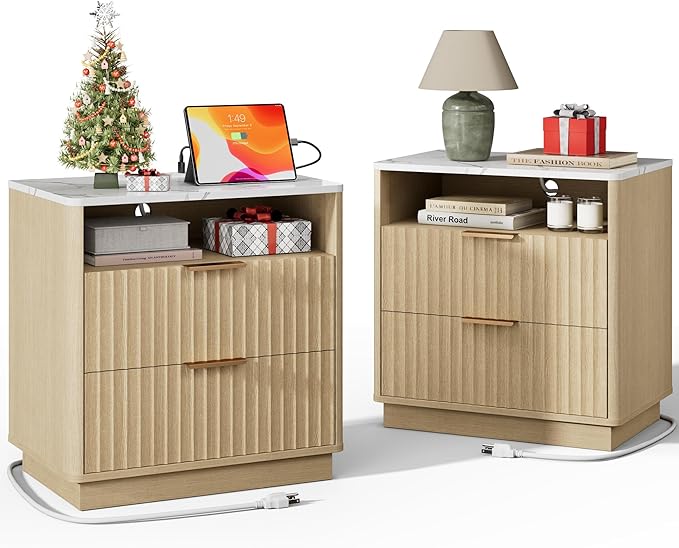 Large Fluted Nightstand Set of 2 with Charging Station, 23" Modern End Table with Faux Marble Top, 2 Drawers Side Table with Storage for Bedroom Living Room, Curved Profile (Natural Oak)