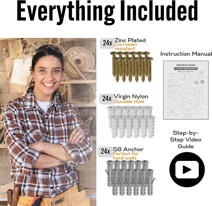 EVALD Heavy Duty Floating Shelf Bracket | 6-Inch Floating Mantel Mount, Blind Shelf Supports, and Anchors | Floating Shelf Hardware for Home and Office Decor | Fireplace Mantel Brackets (6 Pack)