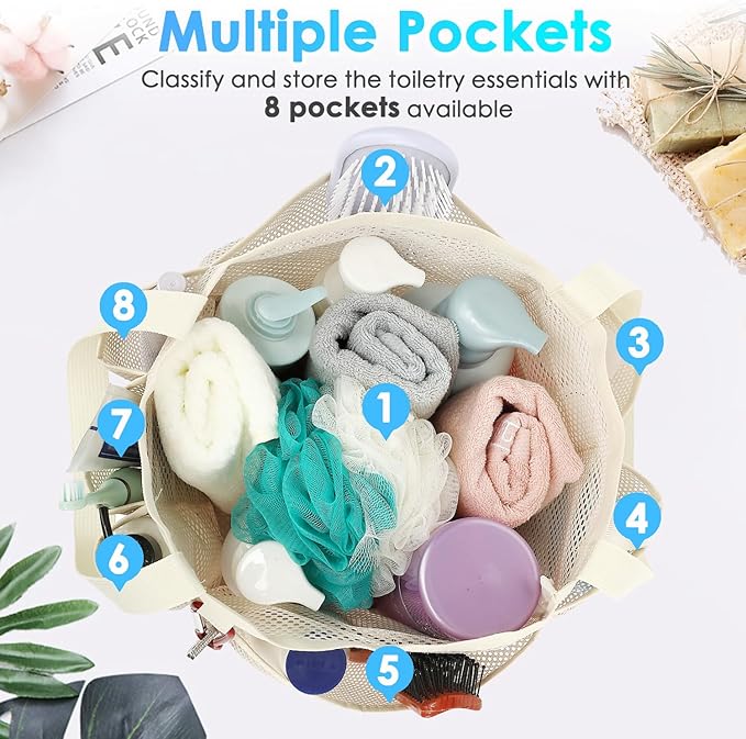 Fammart Mesh Shower Caddy Portable for College Dorm Room Essentials, 8-Pocket Large Shower Basket Tote Bag with 2 Handles for Toiletry, Bathroom, Beach, Camp, Gym