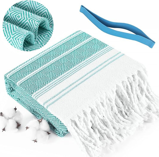 Genovega Oversized Cotton Turkish Beach Bath Towel Set 74"x38" Extra Large Sand Free Quick Dry Swim Camping Pool Clearance Towels Travel Blanket Adult Essentials Stripe Greens