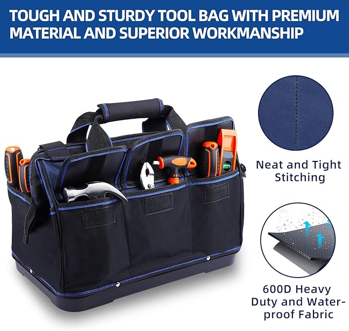 Tool Bag 16'', Multi-pocket Tool Organizer with Water Proof Plastic Base, Heavy Duty Tote with Shoulder Strap for Tool Storage, Black & Blue