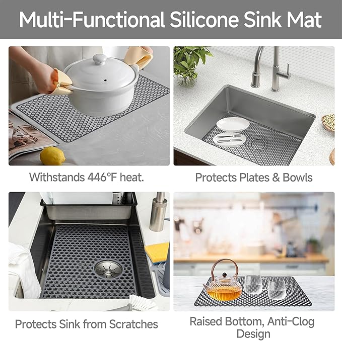 Sink Protectors for Kitchen Sink - 28.62" x 15.98" Silicone Mat - Can DIY Drain Holes - Non-slip Heat Resistant Liner for Bottom of Farmhouse Porcelain Stainless Steel（Grey）
