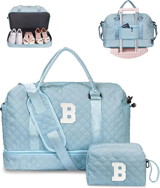 Gifts for Girls-Duffle Bag with Shoe Compartment, Personalized Weekender Bag, Overnight Bags for Women, Letter Travel Bag with Makeup Bag，Tween Girls Trendy Stuff Gift (Letter B)