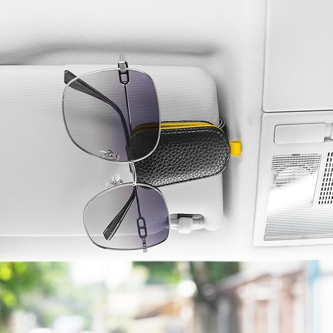 SINGARO Sunglasses Holder for Car, Leather Magnetic Buckle Sun Visor Sunglass Clip, Ticket Card Storage Glasses Clip, Car Interior Accessories for Men and Women（2PCS Black-Yellow）