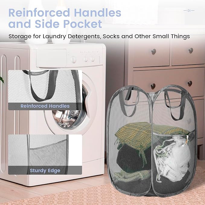 HOUSE AGAIN Mesh Popup Laundry Hamper, [Reinforced] Collapsible Laundry Basket, Foldable Pop Up Hamper with Durable Handles, Easy to Open and Fold for Dorm, Laundry Room, Bedroom, RV, (Grey)