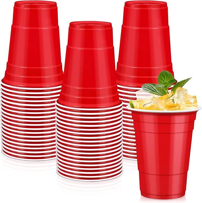 LANLISA 100 Red Plastic Cups, 16 oz Disposable Cups, Drinking Cups For Valentines Day, Christmas Party Supplies