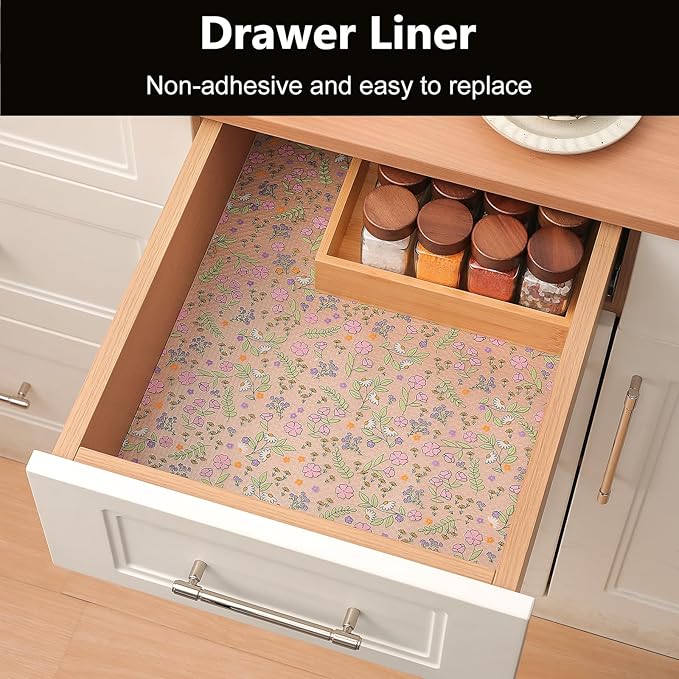 INNOLITES Shelf Liners for Kitchen Cabinets Non-Adhesive Drawer Liner with Floral, Waterproof Durable Easy to Clean, for Refrigerator, Shelves (Pink Rose, 23.6" x 240")
