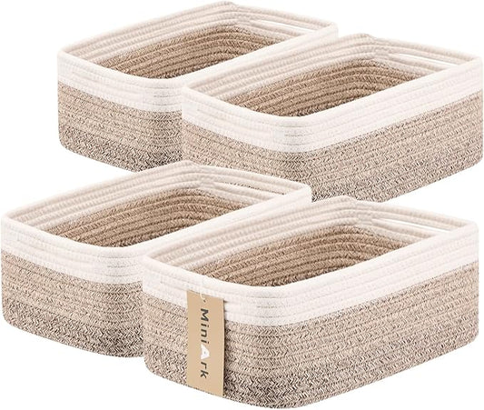 MiniArk Small Storage Baskets for Organizing | Closet Organizer Bins | Shelf Toy Basket | Woven Rope Baskets | Cube Decorative Box | Shallow Basket | 13x8.5x5.1” | 4 Packs Gradient Brown