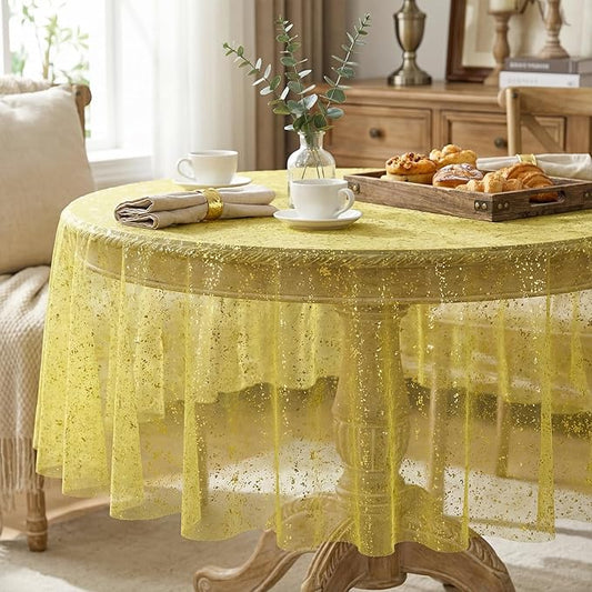 Horaldaily Yellow Gauze Tablecloth 60x60 Inch Round, Golden Sequin Glitter Metallic Foil, Sheer Tulle Cheesecloth for Wedding Baby Shower Ceremony Birthday