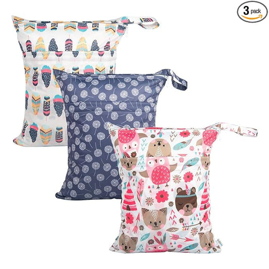 babygoal Wet Dry Bags for Baby Cloth Diapers, Washable Travel Bags, Beach, Pool, Gym Bag for Swimsuits & Wet Clothes with Two Zippered Pockets 3 Pack, 3LN11