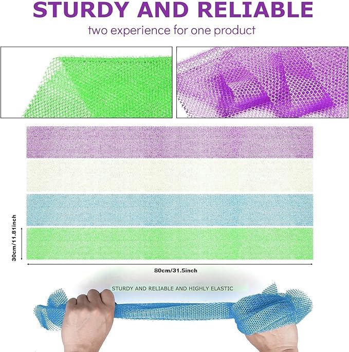 UJFQBH 4 Pieces African exfoliating net African Net Long Net Bath Sponge Exfoliating Shower Body Scrubber Back Scrubber Skin Smoother,Great for Daily Use (Purple, Blue, Green, White)