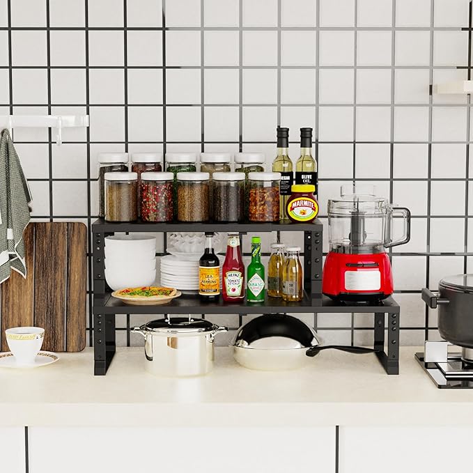 Expandable Stackable Spice Rack Organizer for Kitchen Cabinet,Adjustable Counter Shelf, countertop, Pantry,Cupboard,Bathroom,Bedroom(1Pack/Black/Large)