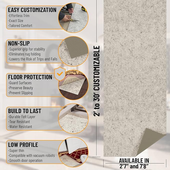 Ottomanson Non Slip Rug Pad Grip 7x8 1/8 Thick, Protection for Any Flooring Surface, Keep Your Runner Rug and Area Rugs in Place, 7' x 7'8", Beige