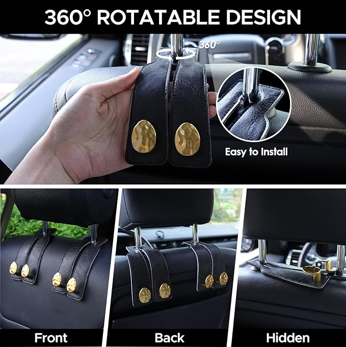 URIZZD 4 PCS Leather Car Seat Hooks for Headrest, Vehicle Hanger Storage Organizer Universal for Handbag Purse, Car Accessories Gift (Black-Gold-4 PCS)
