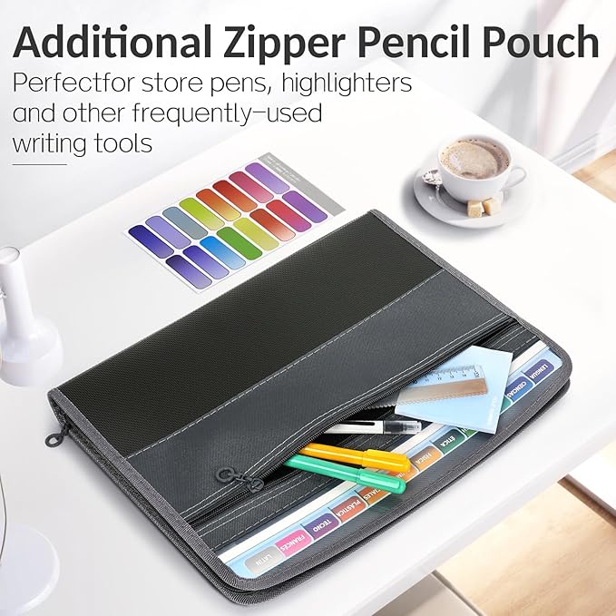 Sooez Accordion File Organizer with Safe Zipper, 12 Pocket Expanding File Folder with Front Pencil Pouch, Portable Monthly Paper Bill Tax Receipt Organizer, School Office Supplies, Letter Size, Blue