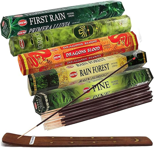 Hem Incense Sticks Variety Pack #12 and Incense Stick Holder Bundle with 5 Forest Themed Fragrances