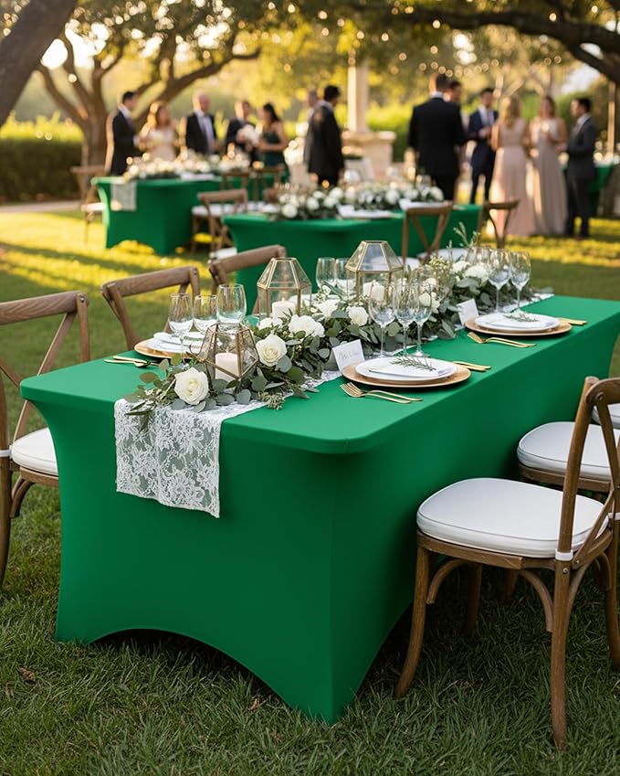 Fixwal Green Stretch Table Cloth Rectangle 2 Pack 6Ft, Spandex Fitted Table Covers Washable for Party, Trade Show, Banquet, Wedding, Buffet