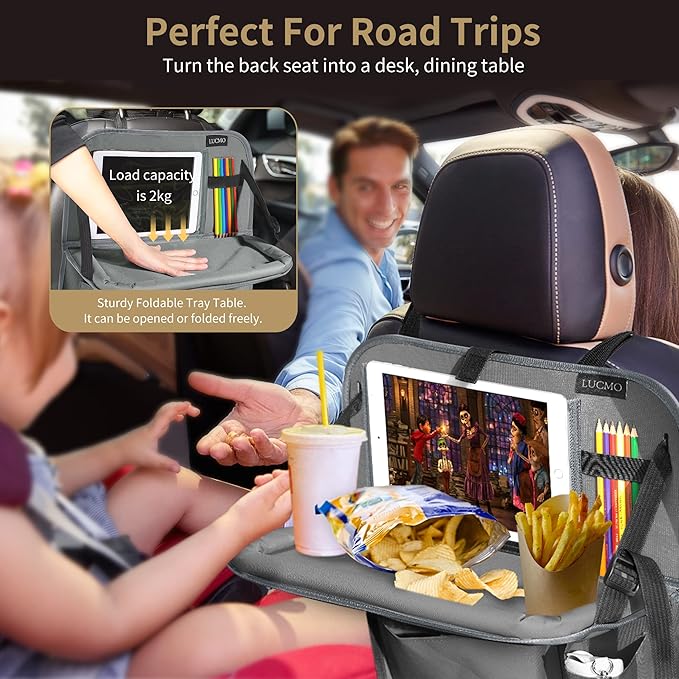LUCMO Car Backseat Organizer with Tablet Holder, 6 Storage Pockets Car Storage Organizer with Foldable Food Tray, Protectors Kick Mats Travel Accessories - Grey