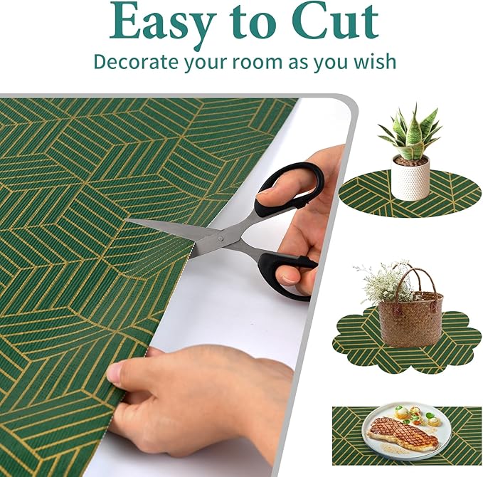 Shelf Liners for Kitchen Cabinets 23.6in x 30FT, Non-Adhesive Cabinet Liner, Strong Non-Slip Thickened Gold Green Geometric Drawer Liner, Easy to Clean for Shelf, Cabinet with Knife and Tape Measure