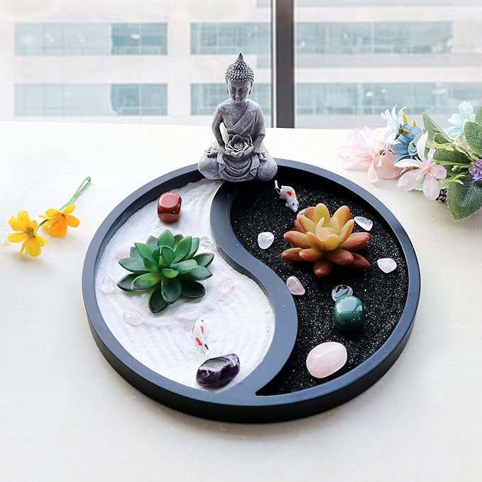 Buddha Meditation Zen Garden Kit - Home Office Tabletop Taiji Yin Yang Sand Garden Altar Zen Decor Zen Gifts DIY Mini Chakra Crystal Quartz Rock Garden w/ Nature Healing Stone Rake Tool