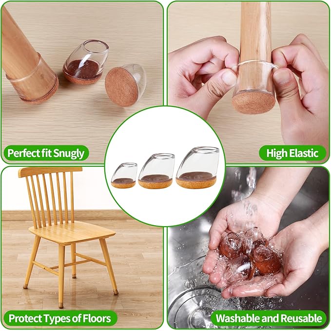 24 PCS Clear Chair Leg Floor Protectors for Hardwood Floors, Round Silicone Caps with Felt Pads for 15-25° Slanted Legs, Barstool Chair Leg Covers to Protect Floors, Anti-Scratch & Noise (Fit: 0.75"-1.05")