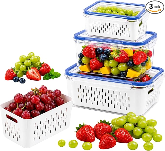 Fruit storage containers for fridge，with detachable drainer basket and airtight seal, stackable produce organizer, prolongs freshness of berries, greens, meats