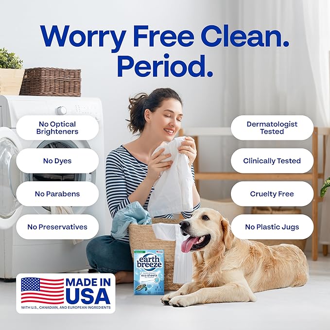Earth Breeze Laundry Detergent Sheets Fresh Scent - 60 Loads per package. Eco Liquidless Soap - Travel-Friendly for Hot & Cold Cycles, Tackles Tough Stains & Odors - Gentle on Skin, 30 sheets (3 Pack)