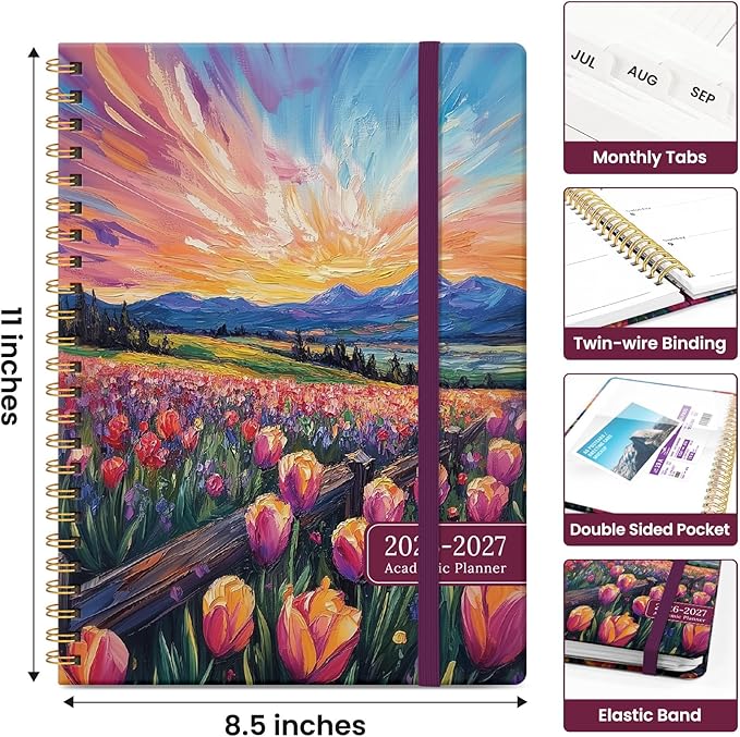 Planner 2026-2027, Academic Year Monthly and Weekly Calendar Planner, Jul 2026 - Jun 2027, Hardcover Teacher Student Planning Agenda book with Tabs, Perfect for School Office Supplies, 8.5" x 11" - Radiant Pastures