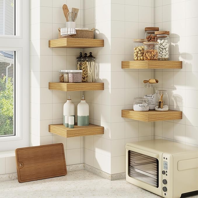 fuqing Floating Shelves for Wall, Wall Mounted Wood Floating Shelf with Invisible Brackets for Living Room, Bathroom, Bedroom, Kitchen Storage and Decor, 6.5 Inch Set of 3, Oak