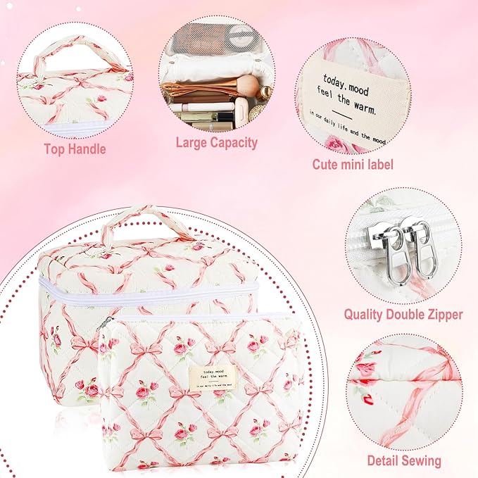 2Pcs Cotton Quilted Makeup Bag for Women Girls, Large Small Travel Floral Cosmetic Bags Set, Cute Coquette Pink Makeup Pouch for Purse, Aesthetic Cloth Flower Storage Toiletry Bag Organizer