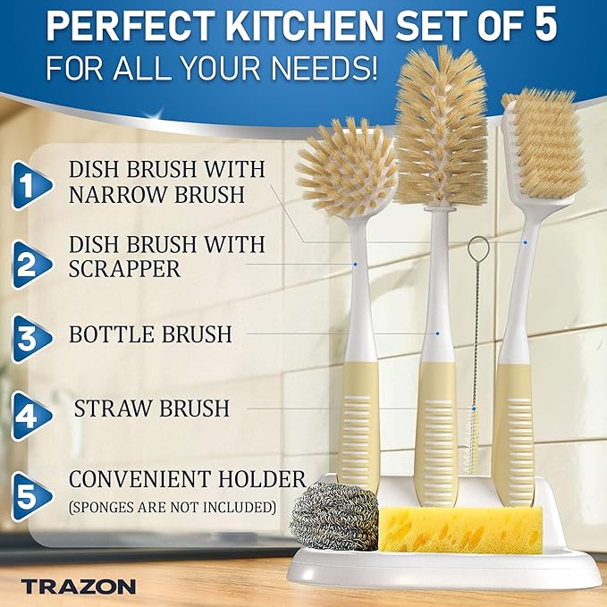 Dish Brush Set of 5 with Holder - Kitchen Scrub Brushes with Non-Slip Long Handle for Cleaning, Scrubber, Dishwashing, Dishes, Bottles, Straws, Cups, Pots & Sink, Beige