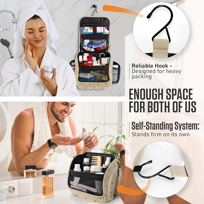 VENTURE 4TH Hanging Travel Toiletry Bag for Women & Men – Large Toiletry Organizer with 17 Compartments, Removable TSA Pouch, Travel Wash Bag for Toiletries, Makeup & Shaving Kit (Beige Diamonds)