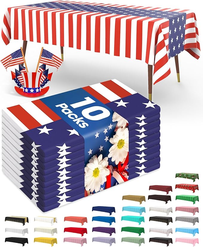 Pureegg 4th of July USA 250th Anniversary Plastic Tablecloth Disposable 10 Pack, Patriotic American Flag Rectangle Table Cover 54 x 108 Inch, Table Cloth for Independence Day BBQ Picnic Party