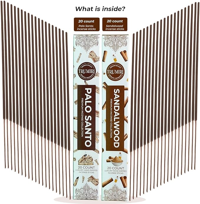Trumiri Incense Sticks - Combo Pack of 40 Insence-Sticks - 20 Palo Santo + 20 Sandalwood - Insenses - Insents - Incents - Inscense - Incence - Incienso - All Natural Incense Sticks