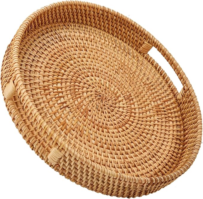 Round Rattan Serving Tray with Handles, Hand-Woven Basket, Home Decor Organizer Tray for Breakfast, Tea, Snack, Fruit, Coffee, Storage (Large) (14.17inchX2.3inch)