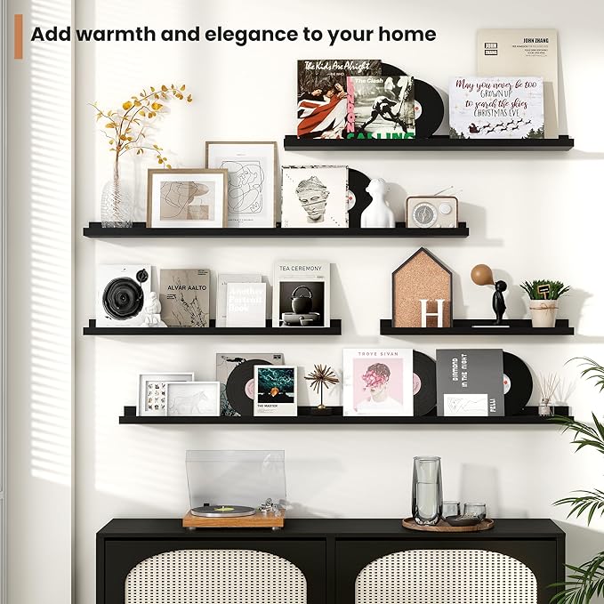 Fun Memories Picture Ledge Shelves Set of 2, 32 Inch Rustic Wall Mounted Floating Shelves with Lip for Home Storage and Decor in Bathroom, Kitchen, Nursery, Bedroom, Living Room, Black