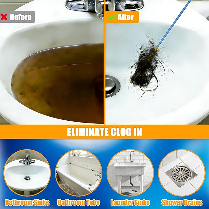 EastLink 30-Inch Reusable Drain Snake Hair Drain Clog Remover 6 Pack, Anti-Break Steel Sink Snake Drain Hair Removal Tool with Rotating Handle, Drain Cleaner Tool for Bathroom Sink, Shower, Bathtub