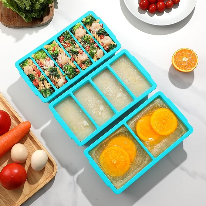 3-Pack Silicone Freezer Trays with Lid,2 Large 2-Cup(500ml)&4 Medium 1-Cup(125ml)&6 Small 1/2-Cup(75ml) Soup Freezer Container Molds,Ice Cube Tray For Meal Prep&Freezing Soup,Stews,Sauces