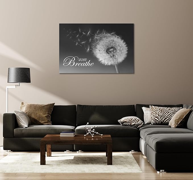 SKASNFAI Just Breathe Wall Art Zen Office Wall Decor Inspirational Yoga Quotes Positive Relax Artwork Picture Black and White Dandelion Posters Print for Meditation Room (28L x 44W)