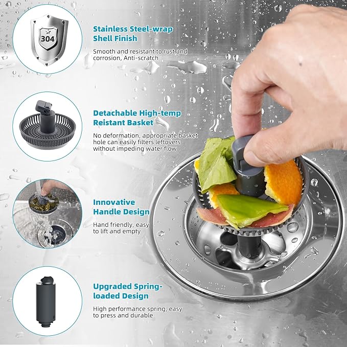 Hibbent 3 in 1 Kitchen Sink Drain Strainer, Stainless Steel Wrapped Shell Drain Stopper Combo, Pop Up Sink Stopper, 3 Anti-Clogging Basket Strainer with Foldable Handle for US Standard 3-1/2" Drain