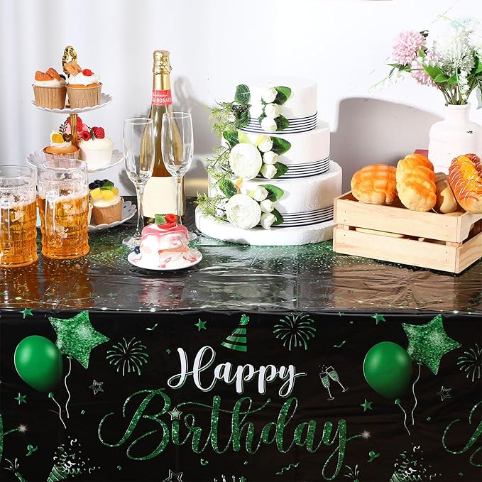 Tudomro 3 Pcs Happy Birthday Tablecloths Happy Birthday Party Decorations Plastic Table Cover Rectangular Cloths for Women Men Baby Shower Party Supplies, 108 x 54 Inch (Black Green)