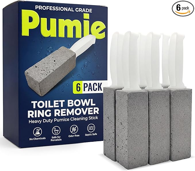 PUMIE Pumice Stone Toilet Bowl Cleaner (6-Pack) - Pumice Stone with Handle - Heavy Duty Toilet Bowl Scrubber for Rings, Bowls, Hard Water Stains, Lime, Rust, Sink - Includes Handle for Easy Use