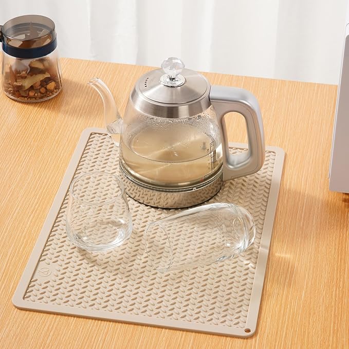 Silicone Drying Mat & Heat Resistant Mat for Kitchen Counter, Non-Slip Dishwasher Safe, Raised Edge for Dishes Bottles Sink (15.35x11.61in, Beige)