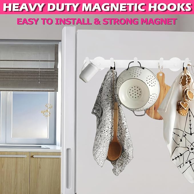 ULIBERMAGNET White Magnetic Coat Rack, Heavy Duty Magnetic Coat Holder with 5 Hooks, Anti-Slip Strong Magnetic Hanger for Refrigerator, Metal Cabinet, Entryway, Hanging Coats, Jackets, Umbrellas, Scarves, Bags