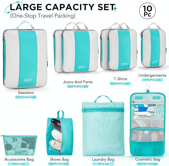 10 Set Compression Packing Cubes for Travel Essentials, Compressible Expandable Packing Cubes for Suitcase, OlarHike Luggage Organizer Bags for Travel, Handy Helper for Organizing Clothes (Blue Green)